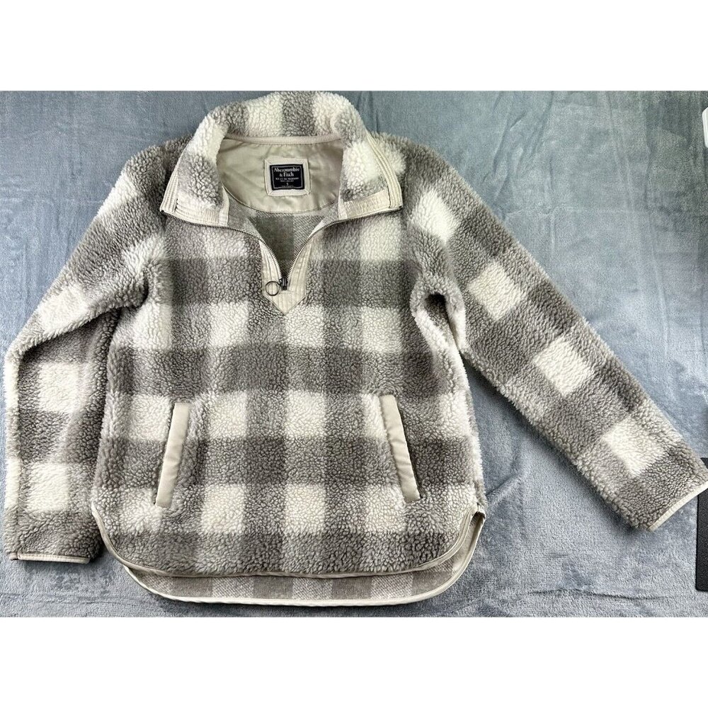 ABERCROMBIE Fleece Pullover Jacket Women’s S Grey Buffalo Plaid Kangaroo Pocket